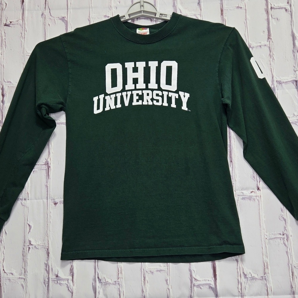 Y2K Ohio University Long Sleeve TShirt Fruit of the Loom Heavy Cotton Green Sz M